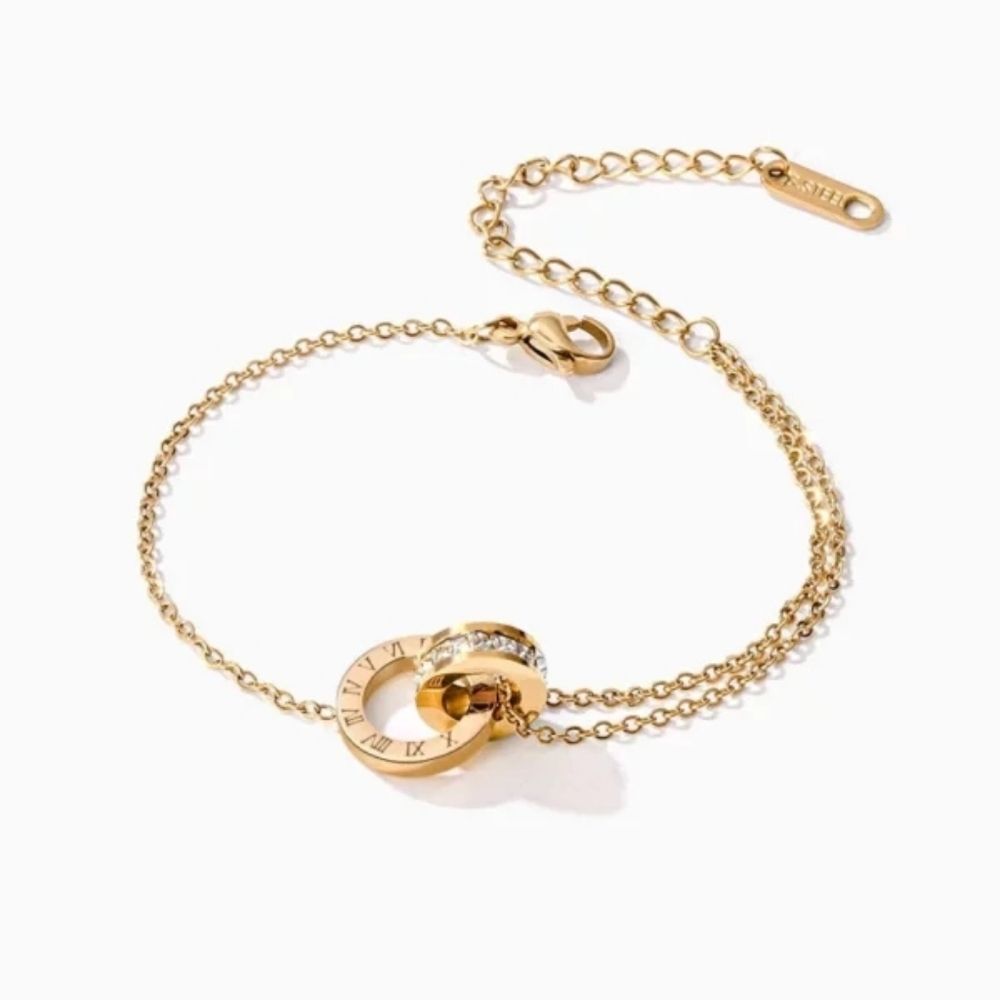 Interlocking Circles Roman Numeral CZ 18k Gold Plated Stainless Steel Bracelet